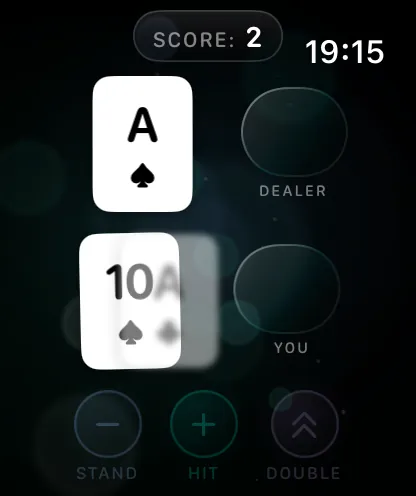 BlackJack+ gameplay on Apple Watch, screen 1