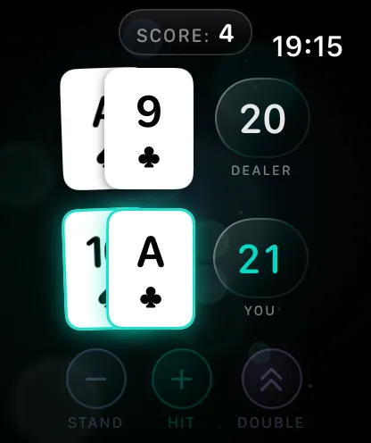 BlackJack+ gameplay on Apple Watch, screen 2