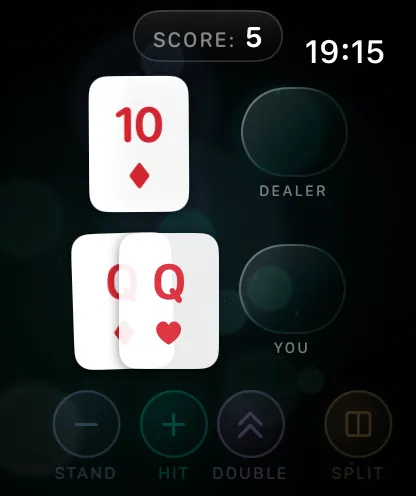 BlackJack+ gameplay on Apple Watch, screen 4